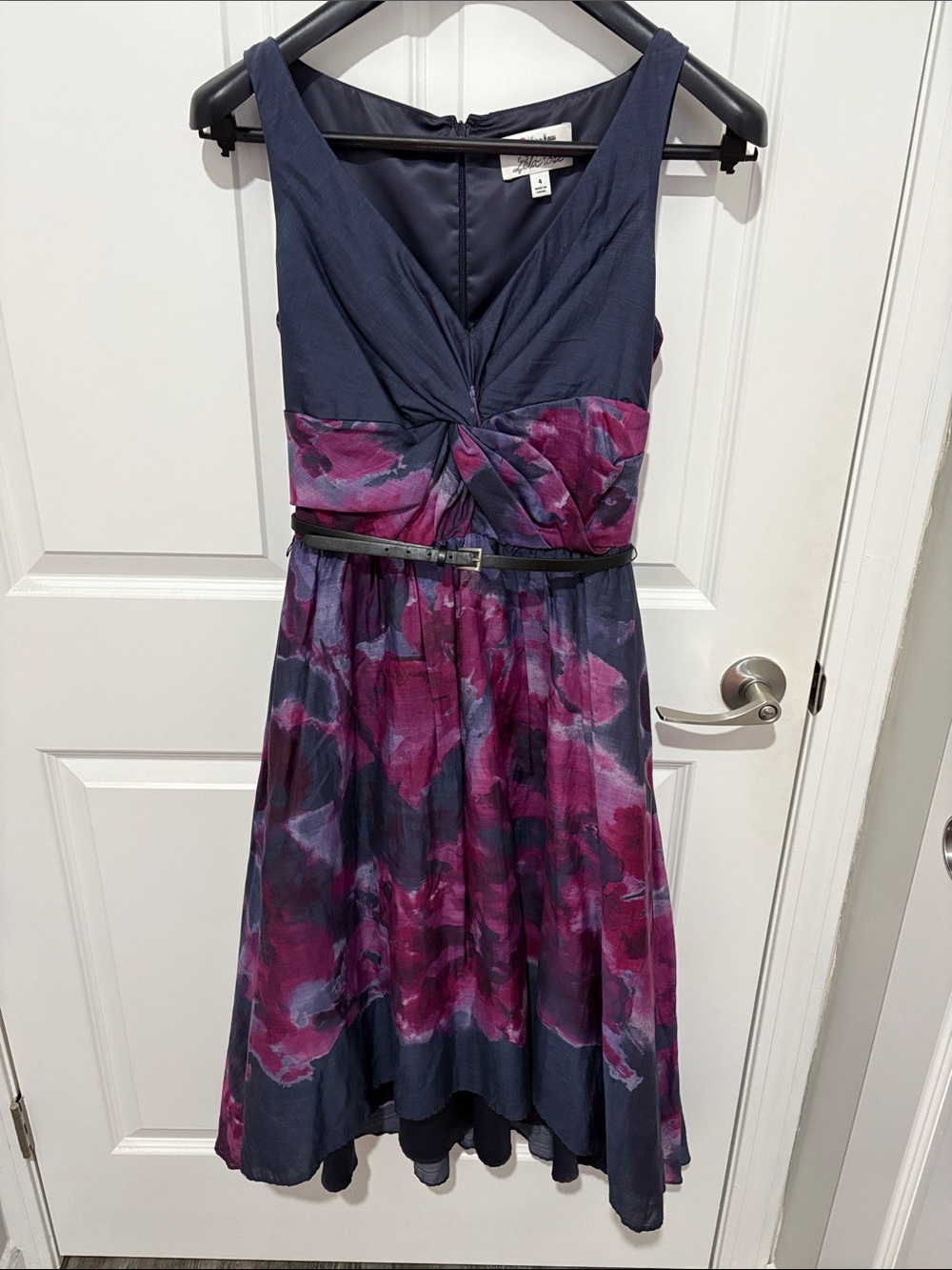 Lela Rose Navy & Magenta Floral Twist-Waist Midi Dress